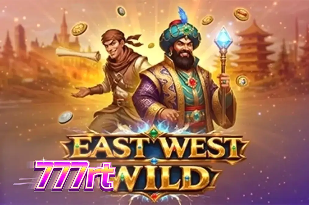 Tampilan visual slot East West Wild dengan latar belakang gurun dan simbol artefak kuno